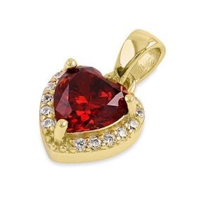 Sterling Silver Gold Plated Small Garnet + Clear CZ Heart Charm Pendant New